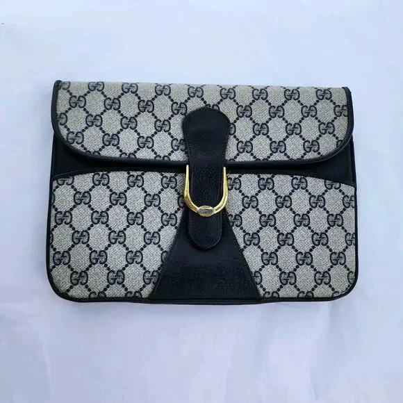 VINTAGE Gucci GG Web Coated Canvas Shoulder Bag Blue White Leather Trim Chain - Picture 2 of 14